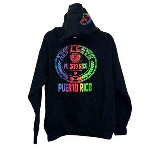 Live Love Puerto Rico Popular Apparel Hoodie M Rainbow Print Cotton Blend Black